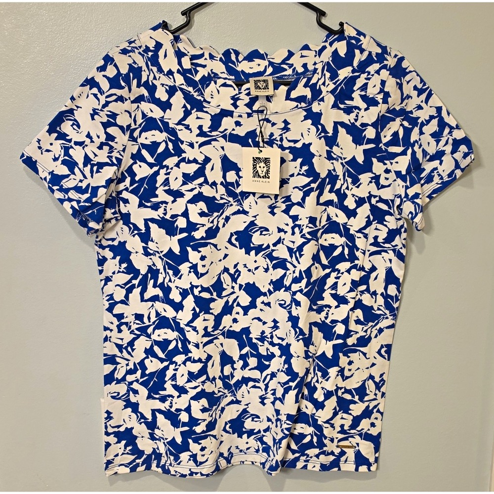 Anne Klein Blue White Floral Knit Scoop Neck Short Sleeve Stretch T-Shirt L #385